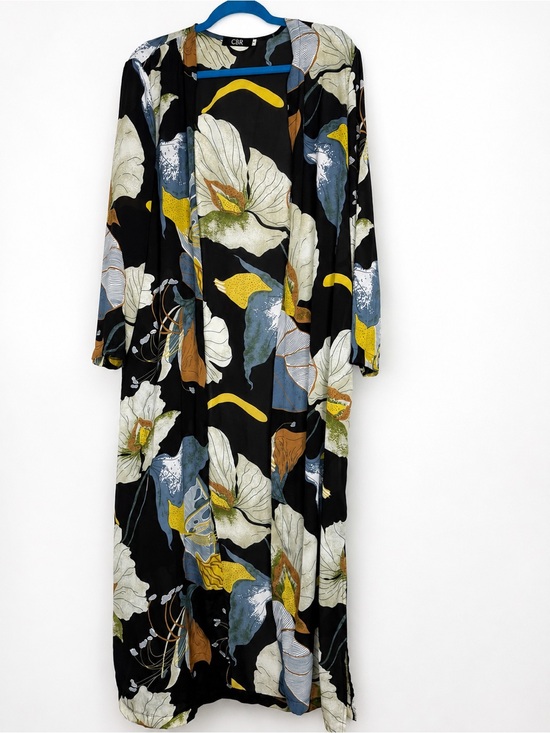 CBR Sweaters - CBR Floral Duster Kimono Cardigan Boho Lagenlook Artsy Open Front Size Large
